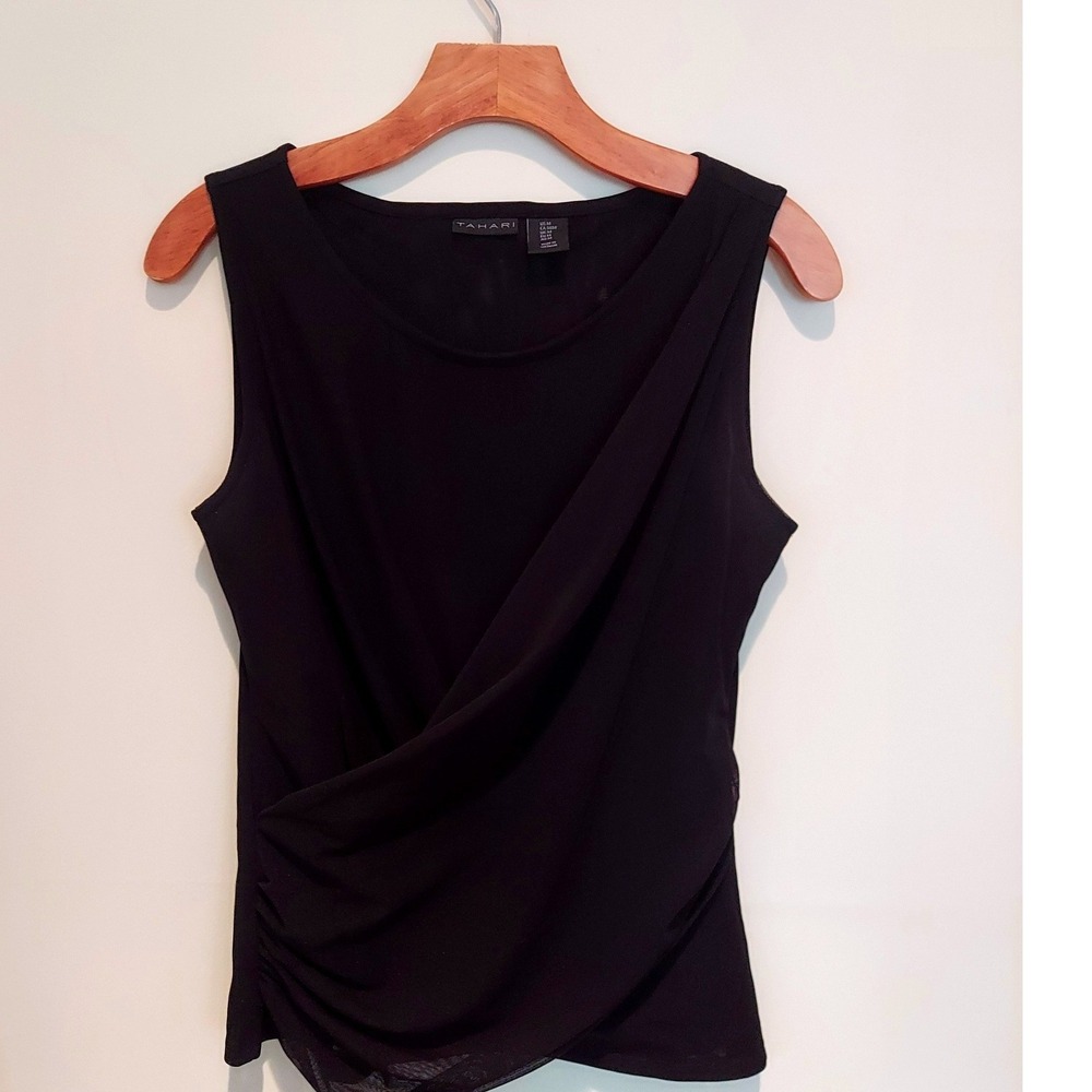 Tahari Womens Black Draped Surplice Mesh Sleeveless Top Size Medium Ruching